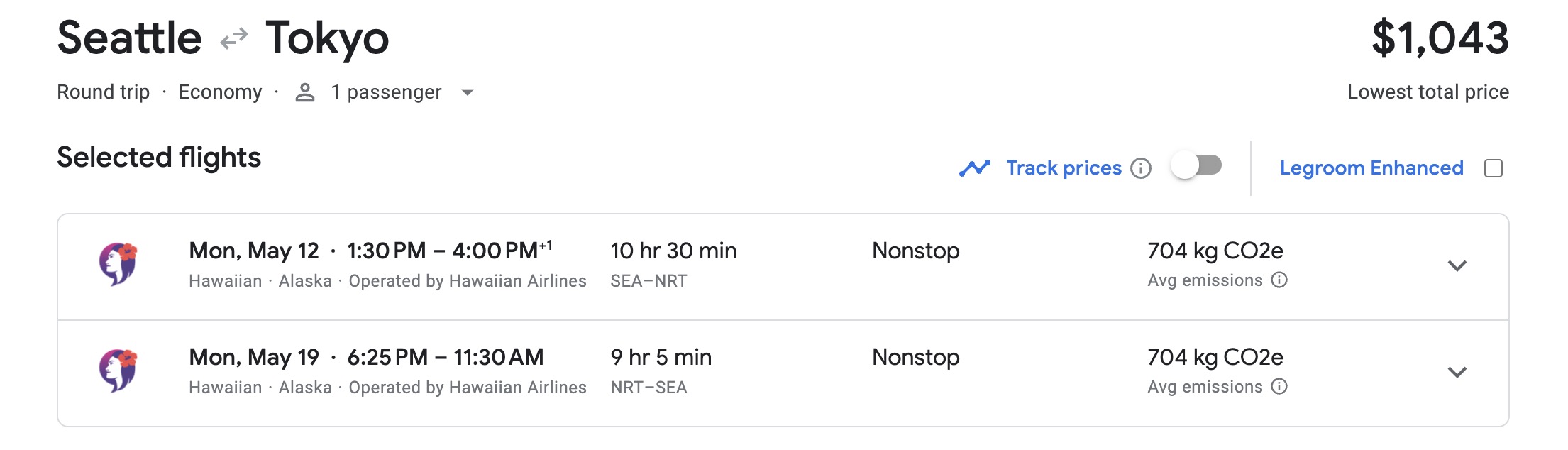 Seattle to Tokyo fare for $1,043 on Hawaiian Airlines.